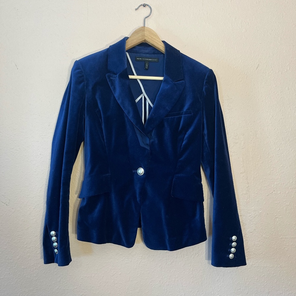 Blue suede blazer from White House Black Market
